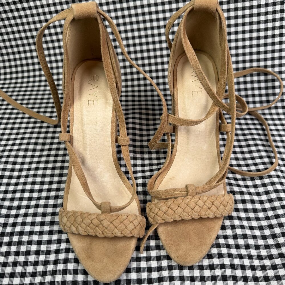 RAYE Lulu Heel Sandal Tan Suede Braided Lace-Up Wrap Block Heel Size 6.5 - Picture 2 of 4